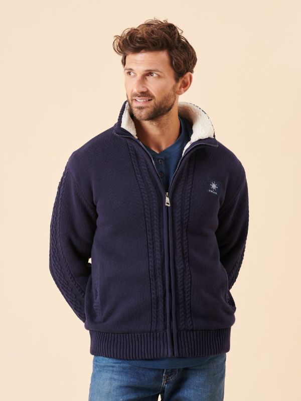 borg lined, knit, zip through, zip thru, zip up, jumper, jacket, fleece, navy, cable knit, ribbed, winter, autumn, mens 