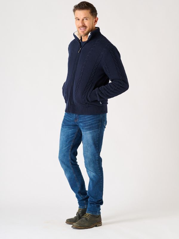 Dark Navy Zip Through Borg Lined Cable Knit Jumper - Knight
