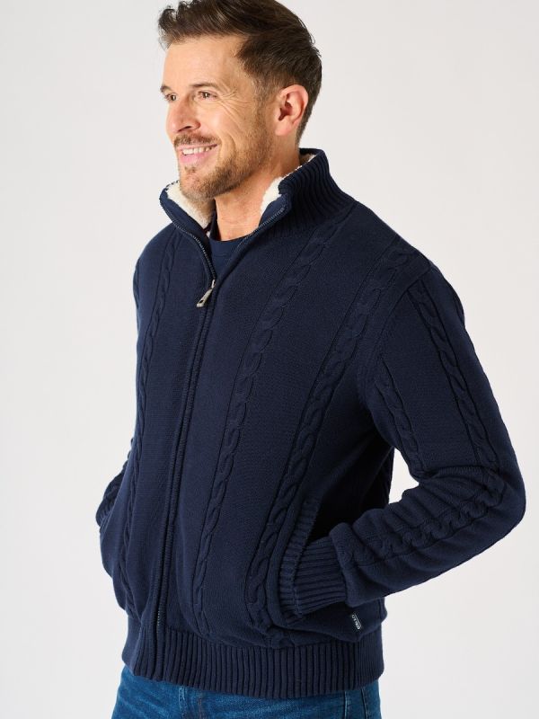 Dark Navy Zip Through Borg Lined Cable Knit Jumper - Knight