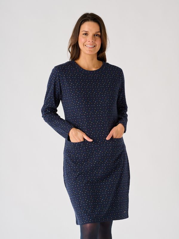 Navy Long Sleeve Jersey Dress With Spotted Print - Lorry
