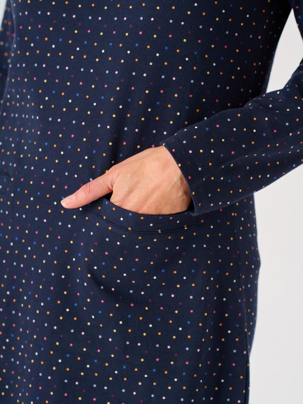 Navy Long Sleeve Jersey Dress With Spotted Print - Lorry