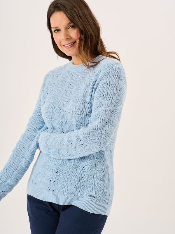 Soft Blue Cotton Knit Textured Wave Stitch Crew Neck Jumper - Mabel 