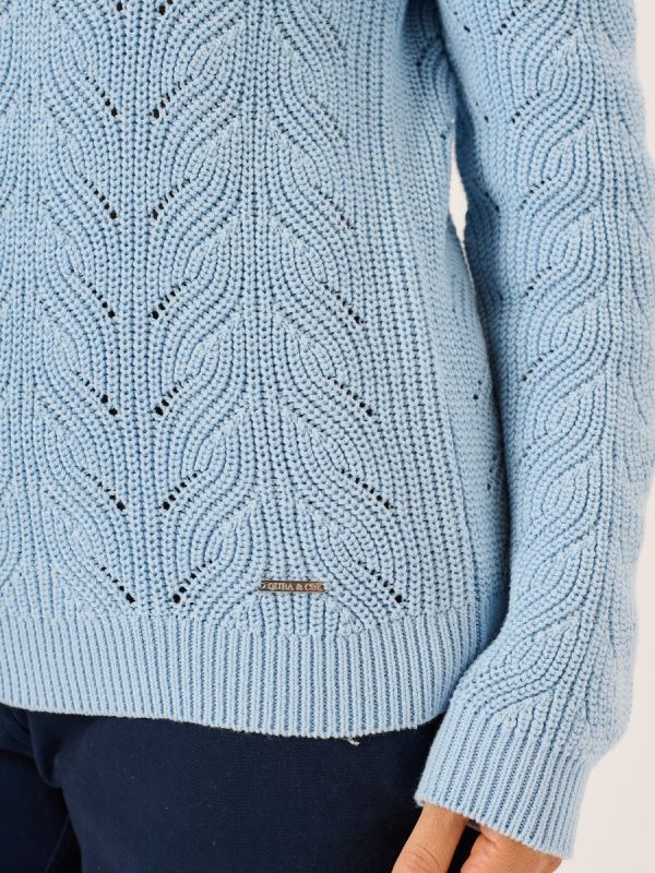 Soft Blue Cotton Knit Textured Wave Stitch Crew Neck Jumper - Mabel 