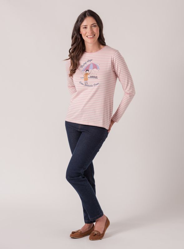 Margarette Long Sleeve Graphic Tee - Pink/White Stripe | Quba & Co Tops & T-Shirts 