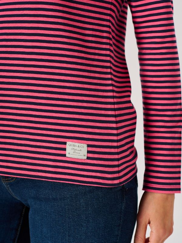 Navy and Winter Berry Long Sleeve Striped Nautical Theme T-Shirt - Mallard