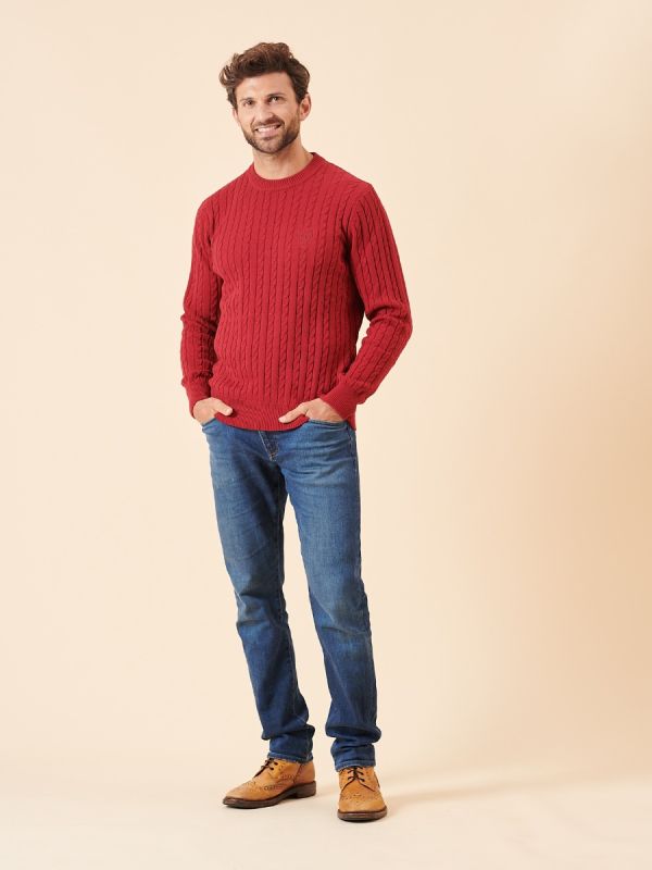 cable knit, jumper, red, deep red, pull over, sweater, ribbed, soft, winter, autumn, mens
