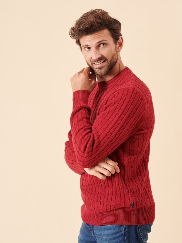 cable knit, jumper, red, deep red, pull over, sweater, ribbed, soft, winter, autumn, mens