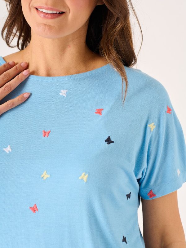 Mose Blue Butterfly Design Embroidery T-Shirt 