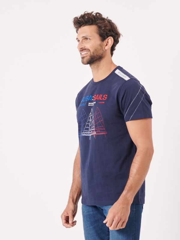 navy, graphic, sailboat, boat, embroidery, blue, red, x-series, sporty, t-shirt, top, tee