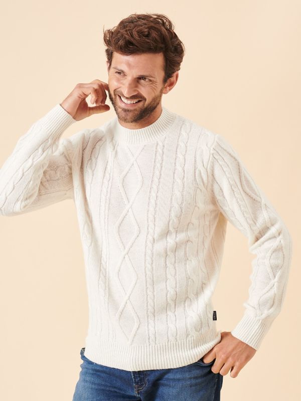 cream, white, jumper, pull over, cable knit, knitted, ribbed, winter, autumn, mens, gift, christmas, wool, lambswool