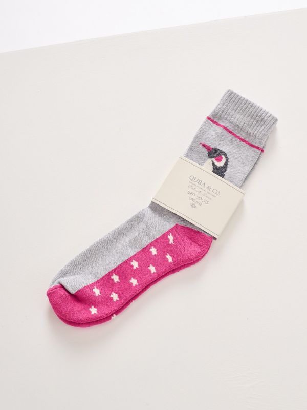 Grey and Pink Penguin Design Bed Socks - Penguin