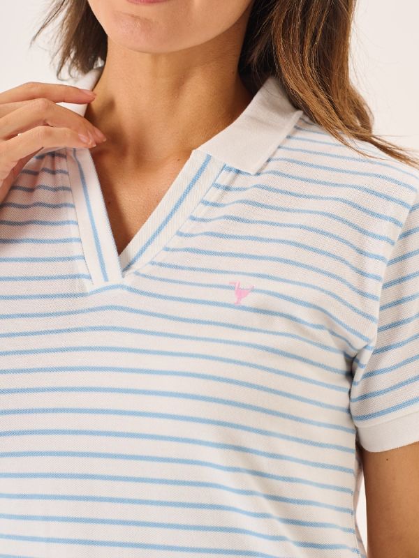 Women Blue & White Striped Crop Polo T-Shirt