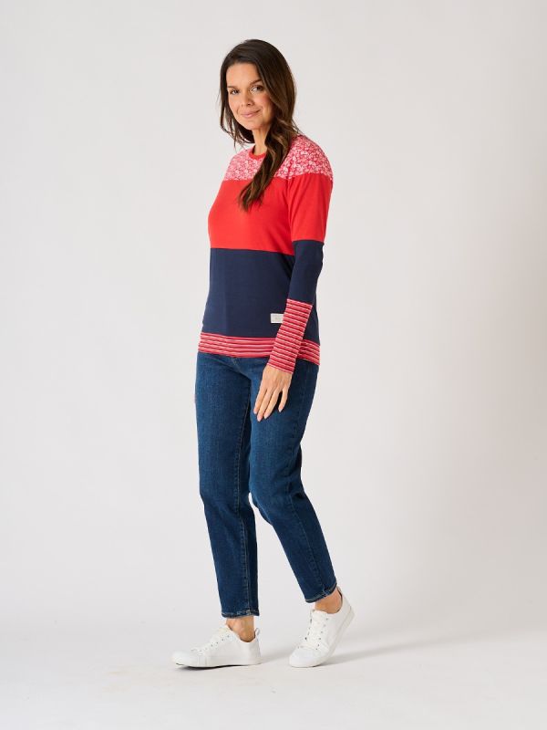 Navy and Red Long Sleeve Colour Block T-Shirt  - Pipit 