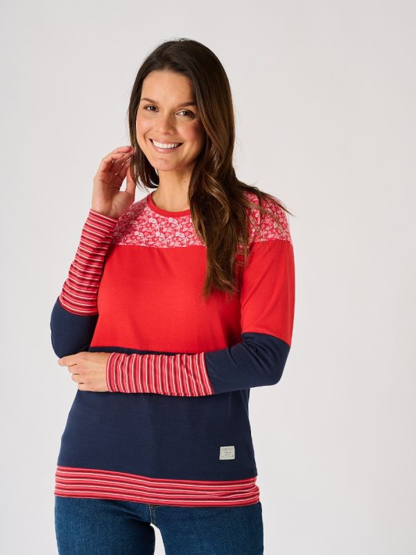 Navy and Red Long Sleeve Colour Block T-Shirt  - Pipit 