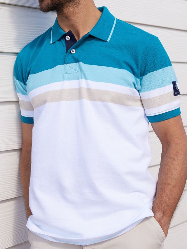 polo, polo shirt, top, short sleeve, striped, blue, white, beige, summer, smart, casual, button up, mens