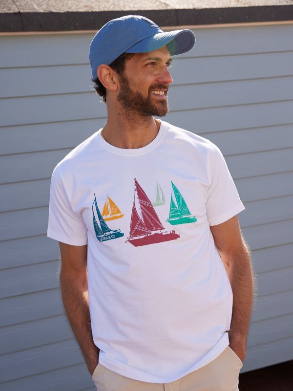 white, t-shirt, t shirt, tee, top, colourful, graphic, sailing boats, casual, summer, mens