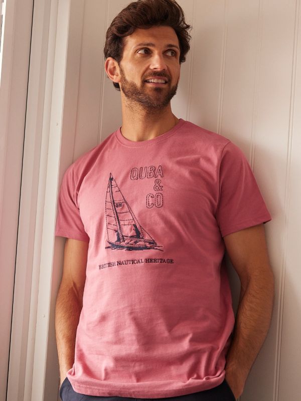 pink, rosewood, blush, navy stitching, casual, tee, t shirt, top, summer, mens, holiday