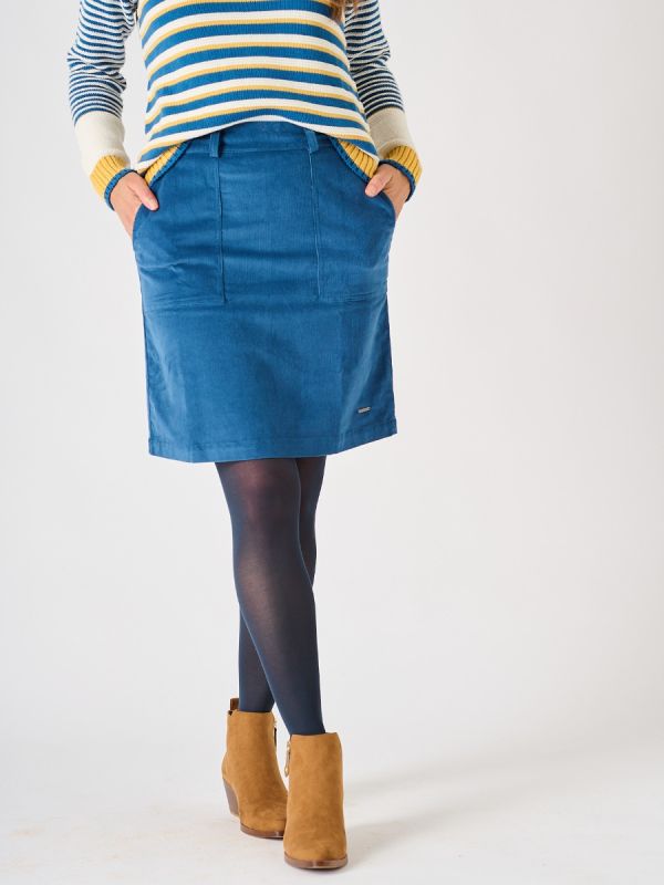 Blue Cotton Rich Cord A line Skirt - Rosefinch 