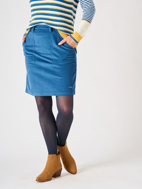 Blue Cotton Rich Cord A line Skirt - Rosefinch 