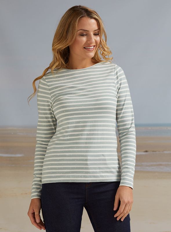 Lexi Printed Long Sleeve T Shirt - Harbour Green/White | Quba & Co Ladieswear