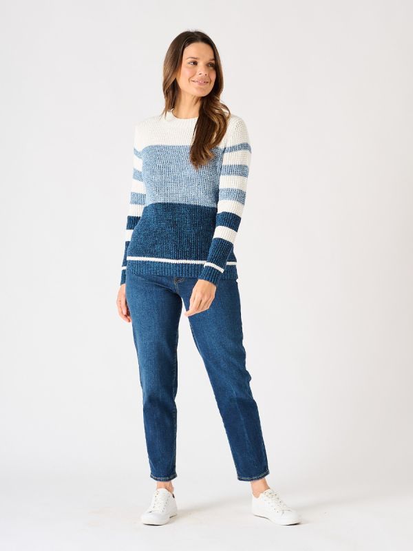 Blue and White Textured Knit Striped Jumper - Sandpiper 