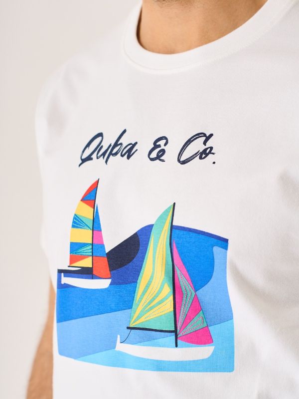 Sanins Lifestyle Quba and Co White Boat Printed T-Shirt 