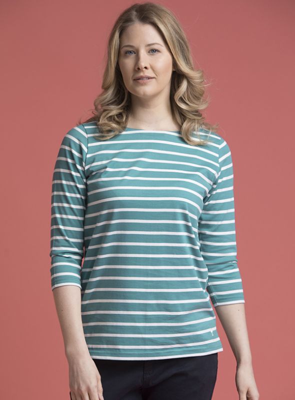 Siderno 3/4 Sleeve Striped T-Shirt - Lagoon/Foam White | Quba & Co Summer Essentials