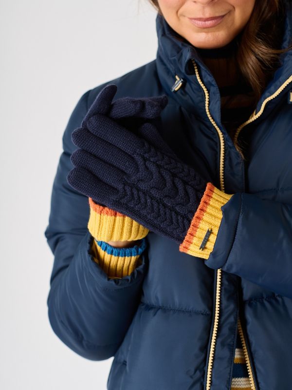 Navy Blue and Ochre Cable Knitted Gloves - Skoma