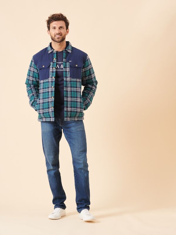 green, navy, blue, white, check, quilted, button up, autumn, winter, mens, layer, shacket, shirt, jacket