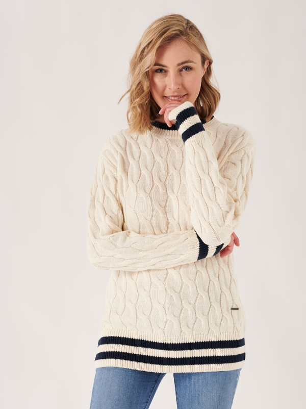 cream, white, jumper, knitwear, cable knit, navy, stripe
