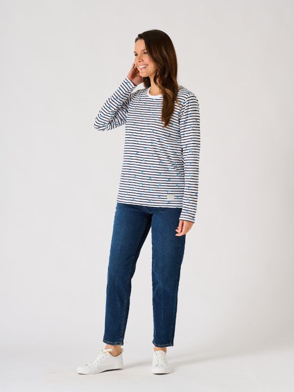 Navy and White Striped Dolphin Print Conversation Long Sleeved T-Shirt - Starling