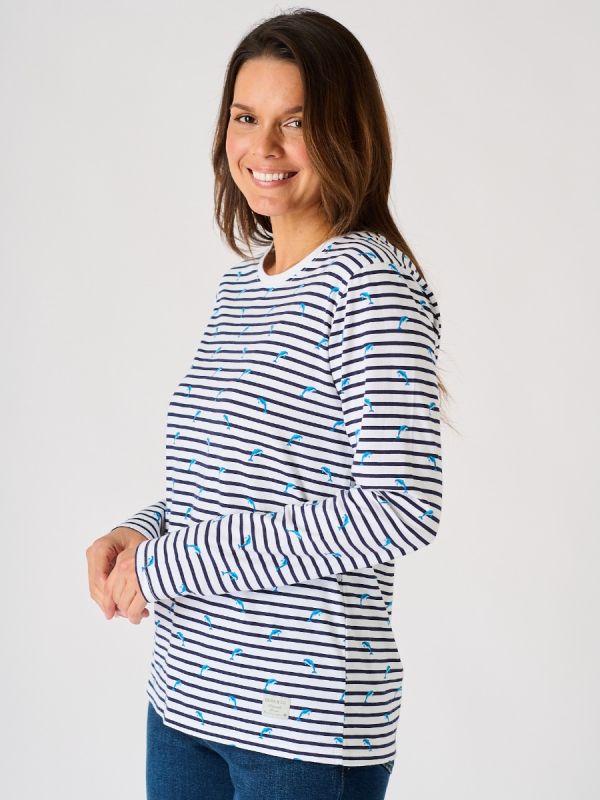 Ladies Navy and White Striped Dolphin Print Long Sleeved T-Shirt - Sterling