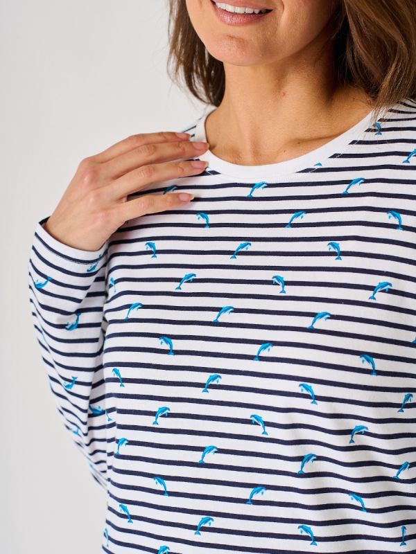 Navy and White Striped Dolphin Print Conversation Long Sleeved T-Shirt - Starling