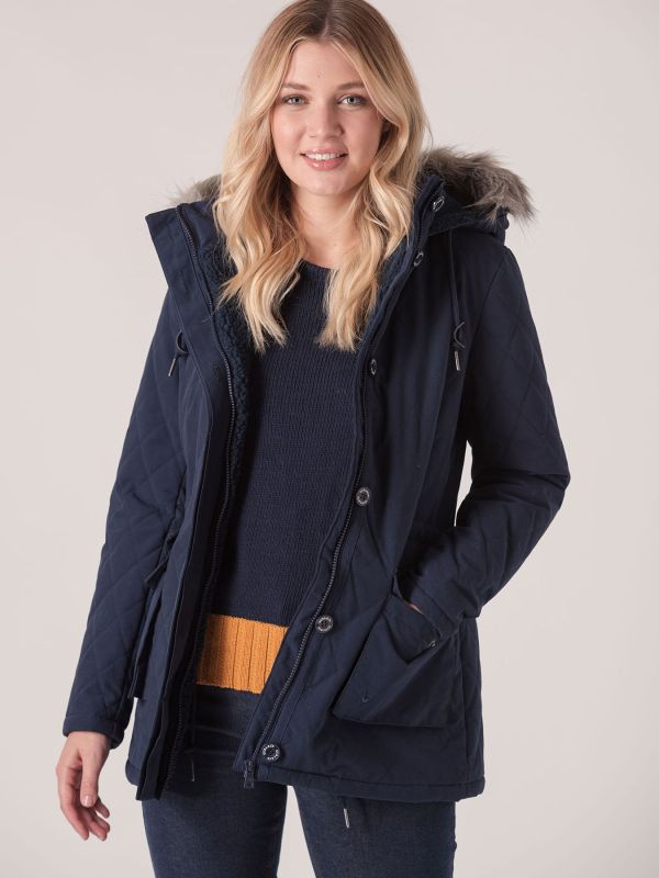 Svan Quilted Faux Fur Hooded Parka - Navy | Quba & Co Outerwear