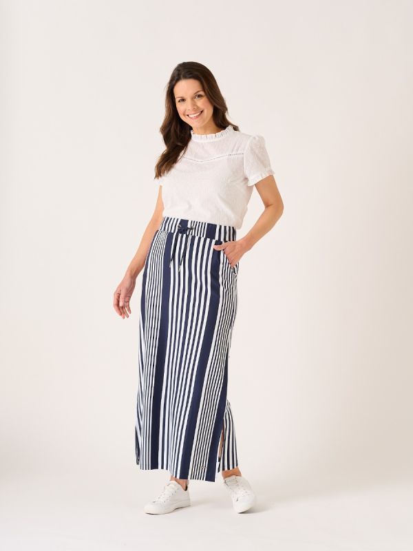 Tarbet Maxi Navy and White Jersey Striped Skirt