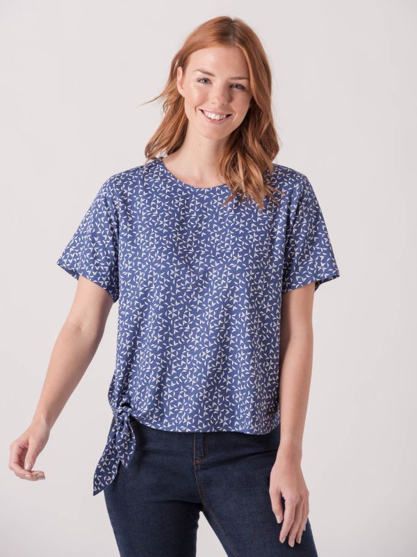 Vinca Side Tie Blue and White Woven Top