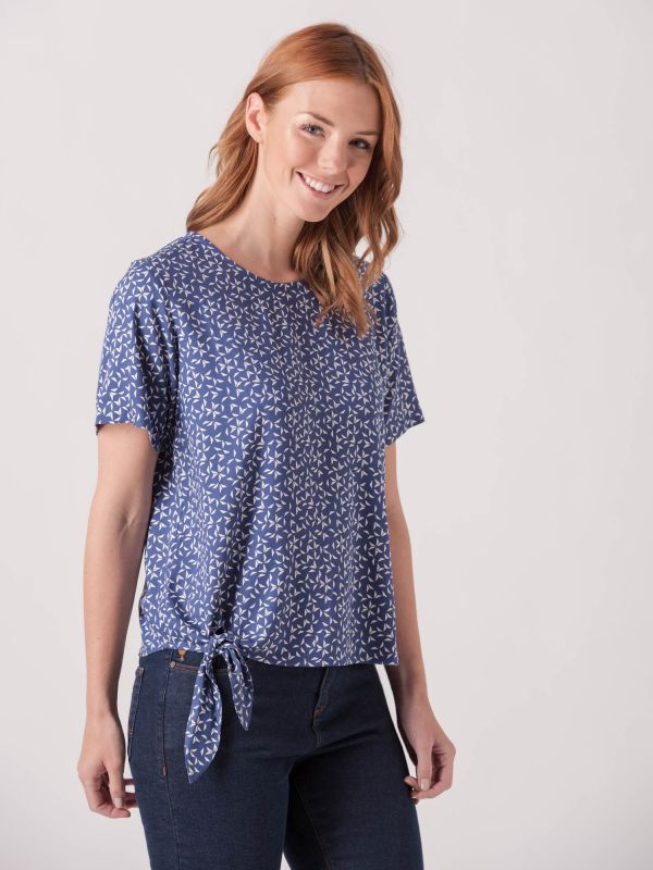 Vinca Side Tie Blue and White Woven Top