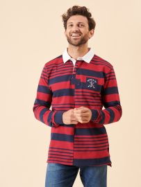 red, deep red, navy, deep navy, polo top, polo shirt, top, long sleeve, stripe, collared, rugby top