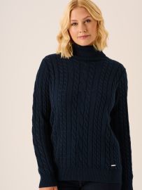 Navy Cable Knit Cotton Roll Neck Jumper Atthena