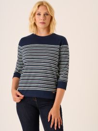 Carley Yarn Dyed 3/4 Sleeved Striped T-Shirt In Navy And White