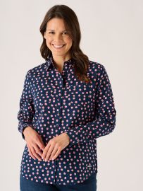 Navy Long Sleeve Pink And White Spot Print Shirt - Celina