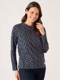 Navy And Coral Long Sleeve Floral Printed T-Shirt - Darley