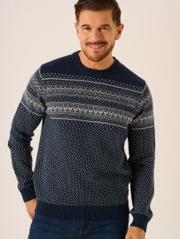 Dark Navy and White Patterned Merino Wool Rich Jumper - Dolf