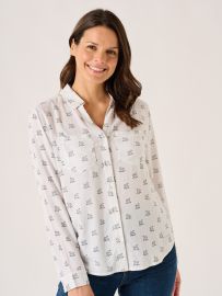 White Long Sleeve Viscose Swan Print Shirt - Dune