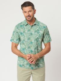 Gerrard Leaf Print Slub Shirt In Green
