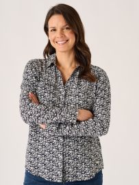 Navy And White Viscose Nautical Print Long Sleeve Shirt - Kelsie
