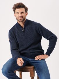 navy, blue, leather tab, branded, quarter zip, ribbed, knitted, knit, jumper, sweater, sweatshirt, pull over, mens, autumn, winter 