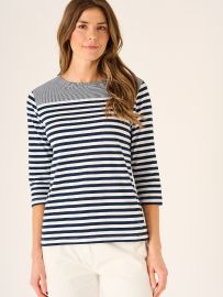 Marney Yarn Dyed 3/4 Sleeved Striped T-Shirt In Navy And White