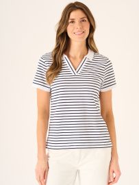 Polina Striped Notch Neck Polo Shirt In White And Navy