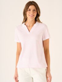 Polina Striped Notch Neck Polo Shirt In White And Pink